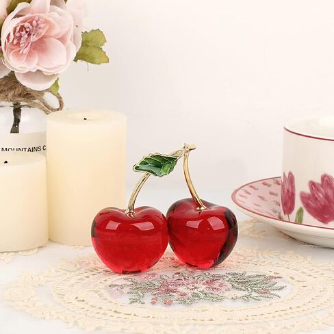 OwnMy Crystal Cherry Figurine Small Crystal Cherry Ornament Decorative Crystal Fruit Collectible Figurines, Sparkly Crystal Glass Cherry Paperweight for Tabletop Centerpiece Home Office Desktop Decor in Saudi Arabia