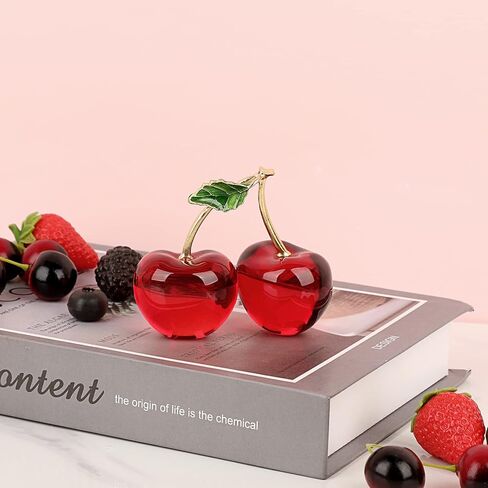 OwnMy Crystal Cherry Figurine Small Crystal Cherry Ornament Decorative Crystal Fruit Collectible Figurines, Sparkly Crystal Glass Cherry Paperweight for Tabletop Centerpiece Home Office Desktop Decor in Saudi Arabia