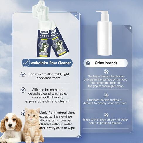 WUKALAKA Dog Paw Cleaner | No-Rinse Foaming Cleanser | Pet Grooming Brush for Dog feet Cleaner | Gentle, All Natural Pet Paw Cleaner Quickly Cleans | 1PCS Bottle with Silicone Bristle Brush in Saudi Arabia