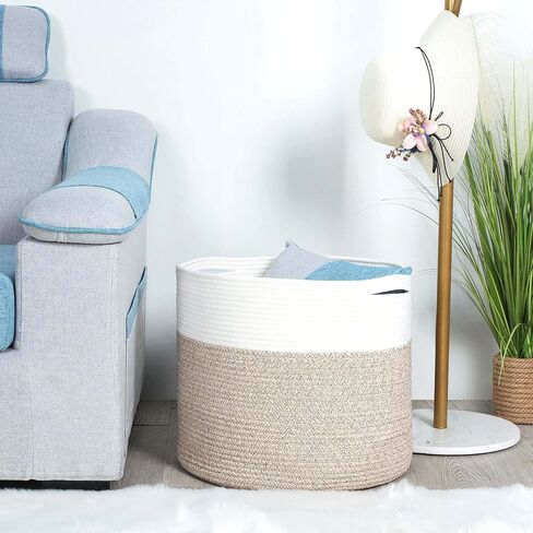 مينتوود ديزاين سلة كبيرة من الحبال القطنية المزخرفة مقاس 17 × 15 انش، سلة بطانية لغرفة المعيشة، سلة غسيل منسوجة، سلة تخزين الالعاب، سلة دائرية كبيرة للوسائد والاغطية والمناشف in Kuwait