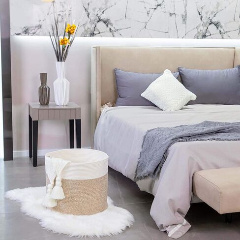 مينتوود ديزاين سلة كبيرة من الحبال القطنية المزخرفة مقاس 17 × 15 انش، سلة بطانية لغرفة المعيشة، سلة غسيل منسوجة، سلة تخزين الالعاب، سلة دائرية كبيرة للوسائد والاغطية والمناشف in Kuwait