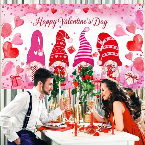 Happy Valentine's Day Backdrop Banner Gnome Photography Background Red Love Heart Photo Background Valentines Day Decor for Valentine Party Supplies, Propose Marriage Decorations, 72.83 x 43.3 Inch in Kuwait
