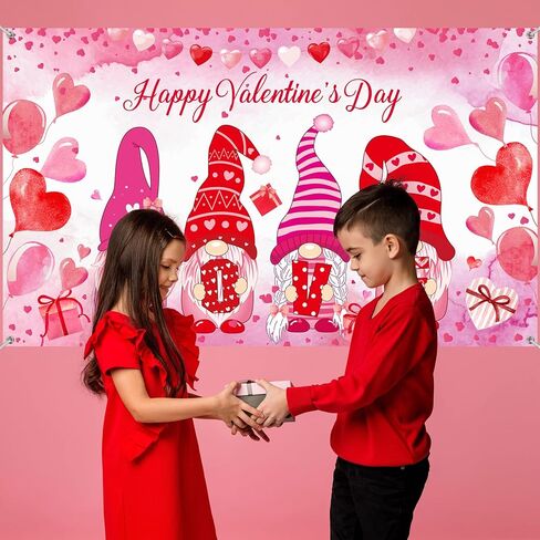 Happy Valentine's Day Backdrop Banner Gnome Photography Background Red Love Heart Photo Background Valentines Day Decor for Valentine Party Supplies, Propose Marriage Decorations, 72.83 x 43.3 Inch in Kuwait