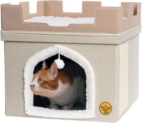سرير قطط متين من Ozy Pets للقطط الداخلية – بيت حيوانات أليفة قابل للطي – تصميم قلعة – كهف قطط بغطاء قابل للإزالة، مخبأ، وسادة خدش وكرة معلقة – سهل التجميع – أثاث جمالي in Kuwait