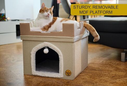 سرير قطط متين من Ozy Pets للقطط الداخلية – بيت حيوانات أليفة قابل للطي – تصميم قلعة – كهف قطط بغطاء قابل للإزالة، مخبأ، وسادة خدش وكرة معلقة – سهل التجميع – أثاث جمالي in Kuwait