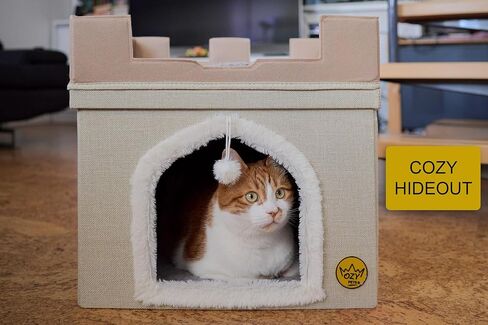 سرير قطط متين من Ozy Pets للقطط الداخلية – بيت حيوانات أليفة قابل للطي – تصميم قلعة – كهف قطط بغطاء قابل للإزالة، مخبأ، وسادة خدش وكرة معلقة – سهل التجميع – أثاث جمالي in Kuwait