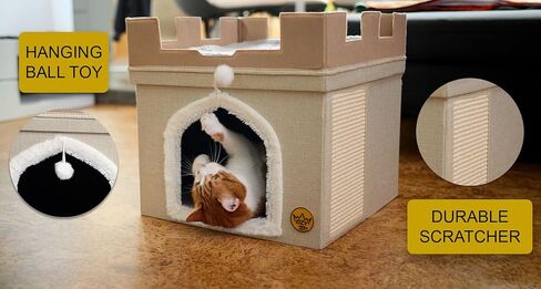 سرير قطط متين من Ozy Pets للقطط الداخلية – بيت حيوانات أليفة قابل للطي – تصميم قلعة – كهف قطط بغطاء قابل للإزالة، مخبأ، وسادة خدش وكرة معلقة – سهل التجميع – أثاث جمالي in Kuwait