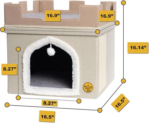 سرير قطط متين من Ozy Pets للقطط الداخلية – بيت حيوانات أليفة قابل للطي – تصميم قلعة – كهف قطط بغطاء قابل للإزالة، مخبأ، وسادة خدش وكرة معلقة – سهل التجميع – أثاث جمالي in Kuwait
