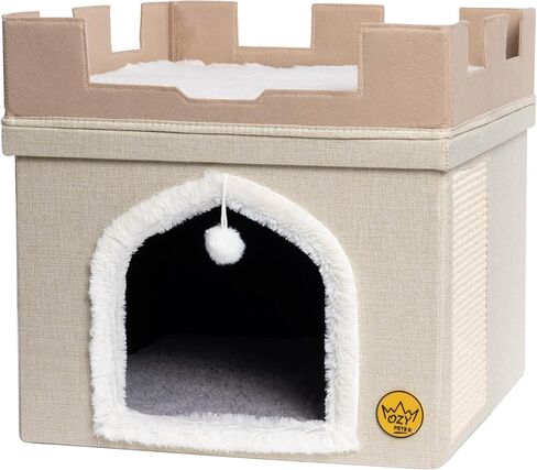 سرير قطط متين من Ozy Pets للقطط الداخلية – بيت حيوانات أليفة قابل للطي – تصميم قلعة – كهف قطط بغطاء قابل للإزالة، مخبأ، وسادة خدش وكرة معلقة – سهل التجميع – أثاث جمالي in Kuwait