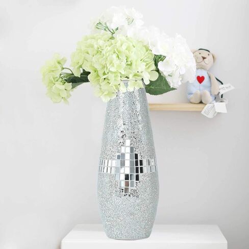 Decorative Shine Vase Stunning Handmade Mosaic Crackle Glass House Decor Table Centerpieces Modern Room Decoration (Silver) in Saudi Arabia