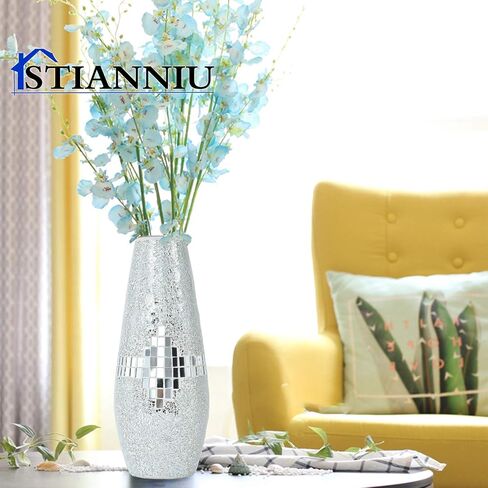 Decorative Shine Vase Stunning Handmade Mosaic Crackle Glass House Decor Table Centerpieces Modern Room Decoration (Silver) in Saudi Arabia