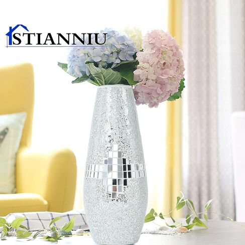 Decorative Shine Vase Stunning Handmade Mosaic Crackle Glass House Decor Table Centerpieces Modern Room Decoration (Silver) in Saudi Arabia