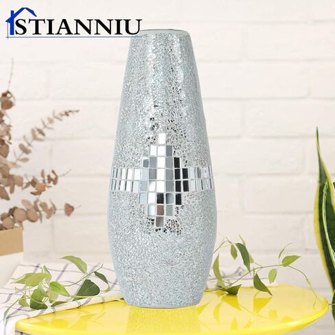 Decorative Shine Vase Stunning Handmade Mosaic Crackle Glass House Decor Table Centerpieces Modern Room Decoration (Silver) in Saudi Arabia