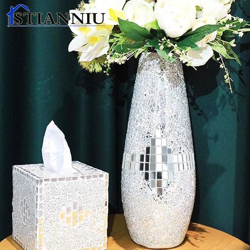 Decorative Shine Vase Stunning Handmade Mosaic Crackle Glass House Decor Table Centerpieces Modern Room Decoration (Silver) in Saudi Arabia