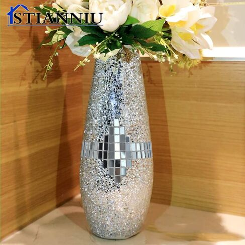 Decorative Shine Vase Stunning Handmade Mosaic Crackle Glass House Decor Table Centerpieces Modern Room Decoration (Silver) in Saudi Arabia