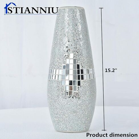 Decorative Shine Vase Stunning Handmade Mosaic Crackle Glass House Decor Table Centerpieces Modern Room Decoration (Silver) in Saudi Arabia