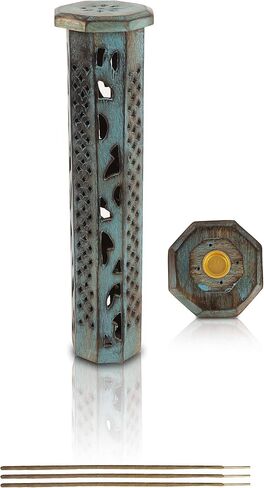 Wooden Incense Stick & Cone Burner Holder Tower Large Organic Eco Friendly Ash Catcher Agarbatti Holder Rustic Style Hand Carved for Meditation Yoga Aromatherapy Home Fragrance Products (Blue) in Saudi Arabia