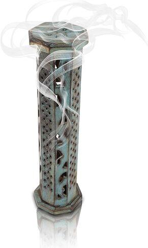 Wooden Incense Stick & Cone Burner Holder Tower Large Organic Eco Friendly Ash Catcher Agarbatti Holder Rustic Style Hand Carved for Meditation Yoga Aromatherapy Home Fragrance Products (Blue) in Saudi Arabia