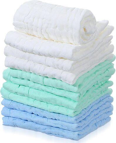 Tranqun 12 Pcs Muslin Burp Cloths 12 x 12 Inch Absorbent and Soft Baby Washcloths Cotton Baby Towels Multicolor Burping Cloths for Babies Newborn Baby Face Towels for Baby Registry Gift in Kuwait