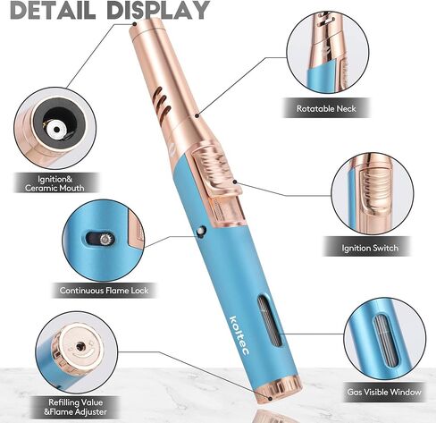 ولاعة شعلة KOLTEC، ولاعة بوتان قابلة للتدوير وقابلة لإعادة الملء ولهب نفاث قابل لإعادة الملء مع قفل نار ونافذة غاز مرئية مقاومة للرياح للشواء والشواء والتخييم (البوتان غير متضمن) (أزرق) in Kuwait