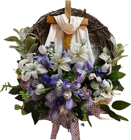 RXMORI Easter Wreath Door Hanging Decoration with Cross, Spring Decor Garland for Front Door Decor, Rustic Grapevine Wreath Home Farmhouse Decorative Wreath in Saudi Arabia