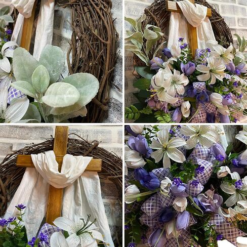 RXMORI Easter Wreath Door Hanging Decoration with Cross, Spring Decor Garland for Front Door Decor, Rustic Grapevine Wreath Home Farmhouse Decorative Wreath in Saudi Arabia