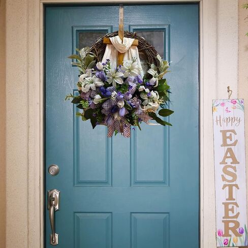 RXMORI Easter Wreath Door Hanging Decoration with Cross, Spring Decor Garland for Front Door Decor, Rustic Grapevine Wreath Home Farmhouse Decorative Wreath in Saudi Arabia
