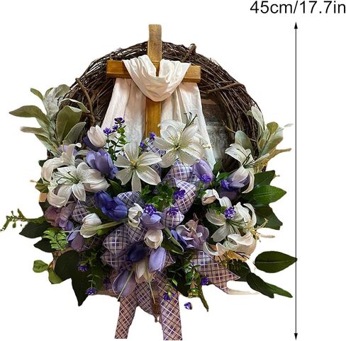 RXMORI Easter Wreath Door Hanging Decoration with Cross, Spring Decor Garland for Front Door Decor, Rustic Grapevine Wreath Home Farmhouse Decorative Wreath in Saudi Arabia