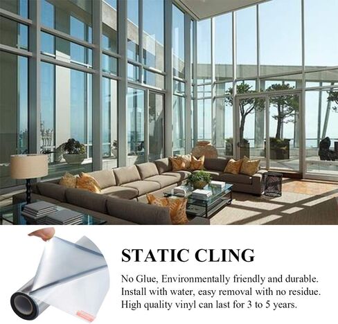 Heat Blocking Window Film, One Way Mirror Reflective Glass Tint Non-Adhesive Static Cling for Home & Office Daytime Privacy, Heat Control, UV Rejection, Glare Reduction(Black-Silver, 17.7x78.7 Inches) in Saudi Arabia