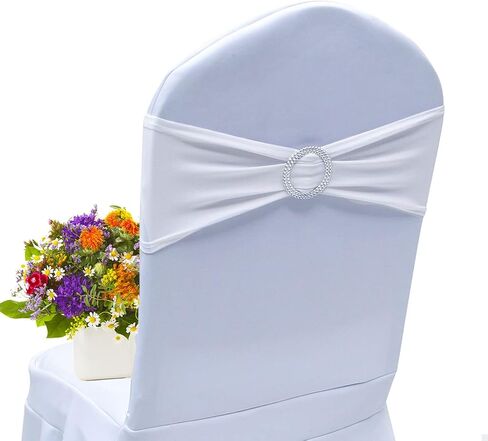 Zhongyuan 50PCS White Chair Sashes, Universal Elastic Spandex Sash Bow for Chairs, Chair Cover Bands with Buckle Slider for Wedding Party Ceremony Reception Banquet Decoration in Kuwait