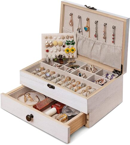 Tektalk Jewelry Box for Women Girls Jewelry Organizer Farmhouse Style Jewellery Holder for Necklace Earrings Rings Bracelets (White) in Kuwait