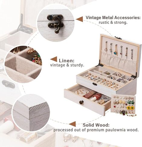 Tektalk Jewelry Box for Women Girls Jewelry Organizer Farmhouse Style Jewellery Holder for Necklace Earrings Rings Bracelets (White) in Kuwait