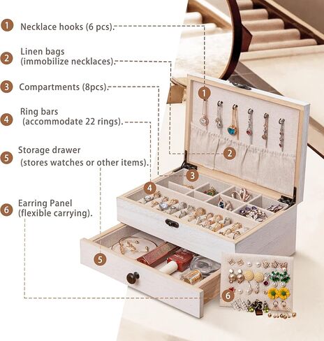Tektalk Jewelry Box for Women Girls Jewelry Organizer Farmhouse Style Jewellery Holder for Necklace Earrings Rings Bracelets (White) in Kuwait