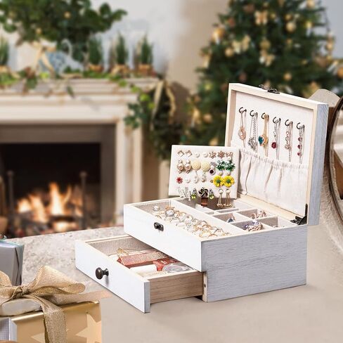 Tektalk Jewelry Box for Women Girls Jewelry Organizer Farmhouse Style Jewellery Holder for Necklace Earrings Rings Bracelets (White) in Kuwait