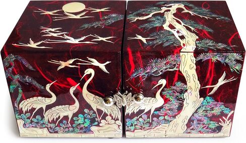 MADDesign Mother of Pearl Twin Cubes Lacquered Jewelry Box Crane Pine Tree Red in Saudi Arabia