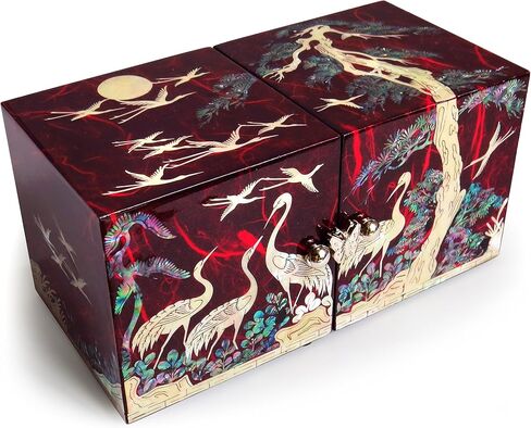 MADDesign Mother of Pearl Twin Cubes Lacquered Jewelry Box Crane Pine Tree Red in Saudi Arabia