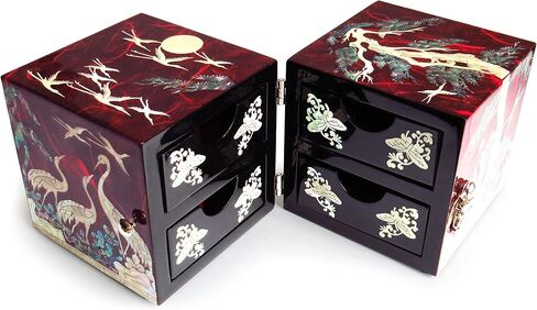 MADDesign Mother of Pearl Twin Cubes Lacquered Jewelry Box Crane Pine Tree Red in Saudi Arabia