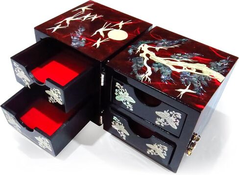 MADDesign Mother of Pearl Twin Cubes Lacquered Jewelry Box Crane Pine Tree Red in Saudi Arabia