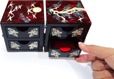 MADDesign Mother of Pearl Twin Cubes Lacquered Jewelry Box Crane Pine Tree Red in Saudi Arabia