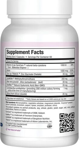 Hair Skin and Nails Vitamins for Women and Men with Hyaluronic Acid, Biotin, Vitamin A, Probiotics - Hair Vitamins for Hair Loss - Hair Growth Vitamins Supplement to Support Body Collagen, 60 Capsules in Saudi Arabia