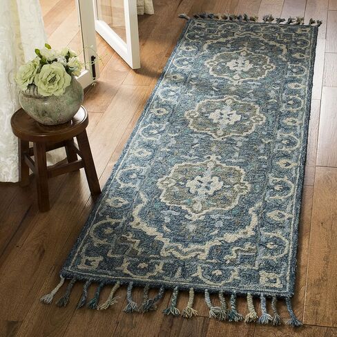 SAFAVIEH Aspen Collection Area Rug - 6' x 9', Dark Blue & Grey, Handmade Boho Braided Tassel Wool, Ideal for High Traffic Areas in Living Room, Bedroom (APN230A) in Saudi Arabia