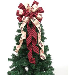 Christams Tree Topper Bow, 35 * 14inch Plaid Buffalo Bows Burlap Decorative Bows for Christmas Holiday Thanksgiving Indoor Outdoor Ornament Gift Bow