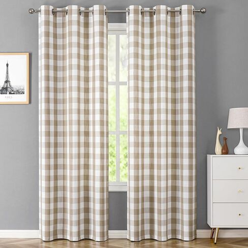 Amzdecor Buffalo Plaid Grommet Curtains 84 Inch Length, Green Semi-Sheer Gingham Check Farmhouse Rustic Textured Curtains Drapery for Living Room Bedroom,2 Panels （40" x 84",Green & White） in Kuwait