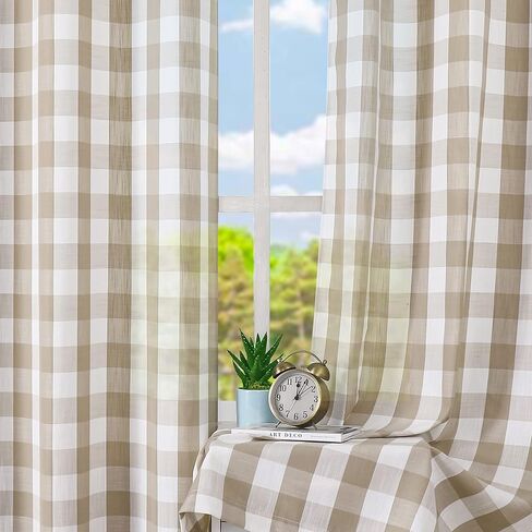 Amzdecor Buffalo Plaid Grommet Curtains 84 Inch Length, Green Semi-Sheer Gingham Check Farmhouse Rustic Textured Curtains Drapery for Living Room Bedroom,2 Panels （40" x 84",Green & White） in Kuwait