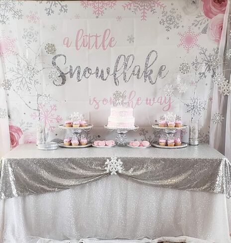 Mocsicka Snowflake Baby Shower Backdrop Winter Wonderland Baby Shower Photography Background Girl Pink Silver Snowflake Winter Baby Shower Backdrops (7x5ft(82x60 inch)) in Saudi Arabia