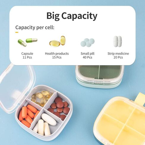 علبة حبوب دواء صغيرة مكونة من 4 أقسام، منظم حامل حبوب السفر، صندوق خالٍ من مادة BPA (أبيض، 4 شبكات) in Kuwait
