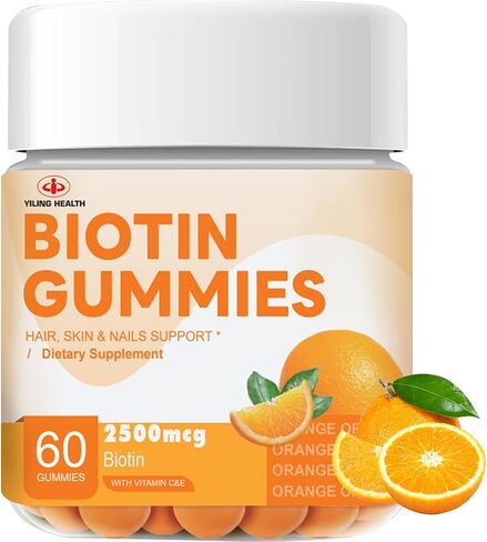 YILING Hair Gummies Vitamins Extra Strength Biotin 2500mcg, Vitamins C, E for Women & Men - Vegan Gummies Hair, Skin & Nails Biotin Supplement, Sweet Orange Flavor -60 Count in Saudi Arabia