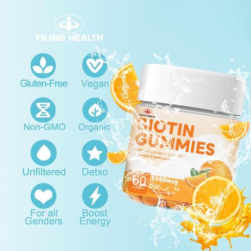 YILING Hair Gummies Vitamins Extra Strength Biotin 2500mcg, Vitamins C, E for Women & Men - Vegan Gummies Hair, Skin & Nails Biotin Supplement, Sweet Orange Flavor -60 Count in Saudi Arabia