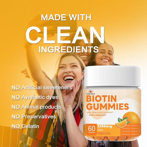 YILING Hair Gummies Vitamins Extra Strength Biotin 2500mcg, Vitamins C, E for Women & Men - Vegan Gummies Hair, Skin & Nails Biotin Supplement, Sweet Orange Flavor -60 Count in Saudi Arabia