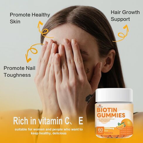 YILING Hair Gummies Vitamins Extra Strength Biotin 2500mcg, Vitamins C, E for Women & Men - Vegan Gummies Hair, Skin & Nails Biotin Supplement, Sweet Orange Flavor -60 Count in Saudi Arabia